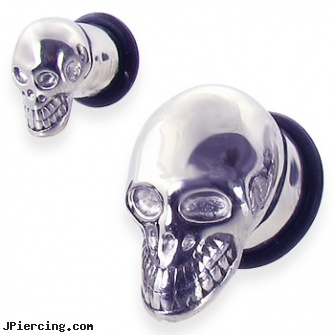 Pair Of Skull Head Stainless Steel Plugs, torn penis piercing repair, skull belly button ring, skull labret, skull navel ring, radiohead tongue rings