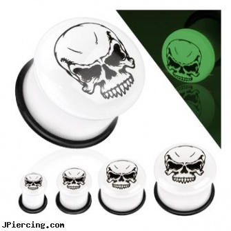 Pair Of Skull Logo Glow In The Dark Inlay Dome Top Single Flared Acrylic Plugs, torn penis piercing repair, skull shield piercing, skull labrets, punisher skull labret jewellery, logo eyebrow rings