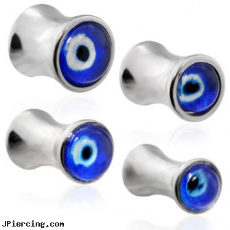 Pair Of Stainless Steel Evil Eye Saddle Plugs, torn penis piercing repair, stainless steel body jewelry, body jewlery stainless steel, stainless steel nipple rings, surgical steel jewelry