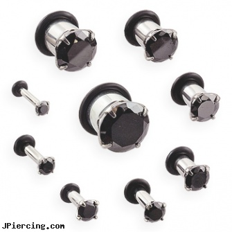 Pair Of Stainless Steel Hollow Plugs with Large Black Gem, torn penis piercing repair, stainless steel nipple rings, stainless steel rings, buy stainless steel lip ring, cold steel body jewelry