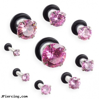 Pair Of Stainless Steel Hollow Plugs with Large Pink Gem, torn penis piercing repair, stainless steel rings, stainless steel nose rings, titanium or stainless steel belly button rings, industrial steel body jewellery