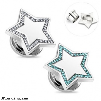 Pair Of Stainless Steel Jeweled Star Plugs, torn penis piercing repair, navel jewelry surgical stainless steal internal thread, stainless steel cock ring, 8-ga cbr or bcr stainless piercing 1-, steel my heart jewlry