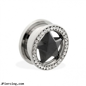 Pair Of Stainless Steel Screw Fit Tunnel with Black CZ Star And Jeweled Rim, torn penis piercing repair, stainless steel cock ring, surgical stainless steel body jewelry, navel jewelry surgical stainless steel internal thread, surgical steel body piercing jewelry