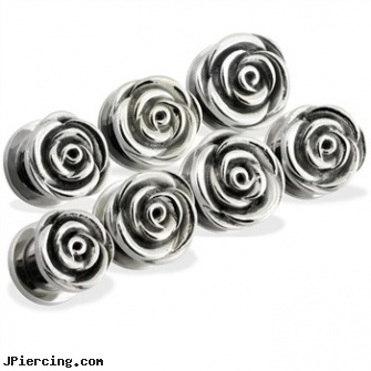 Pair of Steel Screw-Fit Rose Tunnels, torn penis piercing repair, navel jewelry surgical stainless steel internal thread, surgical stainless steel body jewelry, stainless steel piercing body jewelry, nose screw mood rings