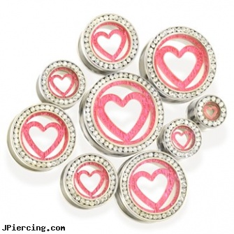 Pair of Steel Tunnels with Pink Glitter Heart, torn penis piercing repair, steel earrings multiple ear piercings, stainless steel nipple rings, surgical steel prong set labrets, belly rings plugs and tunnels