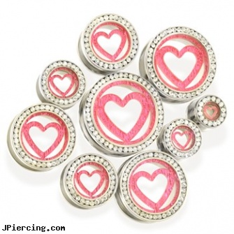 Pair of Steel Tunnels with Pink Glitter Heart, torn penis piercing repair, steel earrings multiple ear piercings, stainless steel nipple rings, surgical steel prong set labrets, belly rings plugs and tunnels