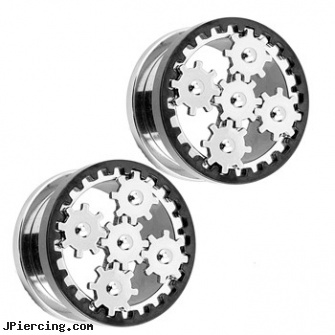 Pair Of Surgical Steel Steampunk Gear Screw-Fit Tunnels, torn penis piercing repair, surgical placement of rings in cock and scrotum, surgical steel nose stud, surgical steel flat disc nose stud, stainless steel triple cock ring