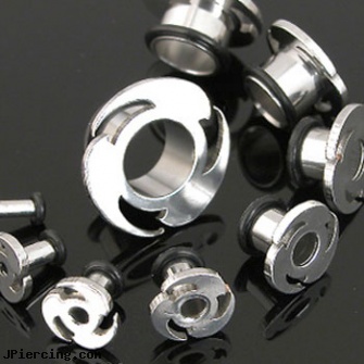 Pair Of Surgical Steel Swirling Blade Tunnels with O-Ring, torn penis piercing repair, surgical stainless steel navel jewelry, surgical placement of rings in cock and scrotum, surgical steel body jewellery, 12 gauge steel ear plugs