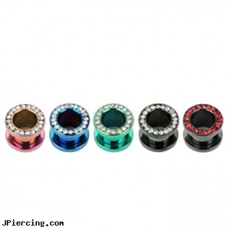 Pair Of Titanium Anodized Jeweled Threaded Tunnels, torn penis piercing repair, 18 gauge labret titanium, titanium nipple jewelry, black line titanium body jewelry jewelry nipple, anodized body navel ring