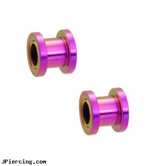 Pair Of Titanium Anodized Tunnels with Threaded Back - Purple, torn penis piercing repair, titanium belly rings, titanium ear studs, 18 gauge labret titanium, anodized body navel ring