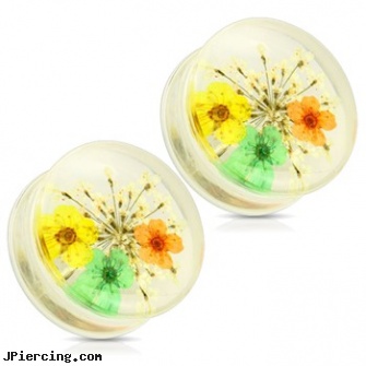 Pair Of Yellow Dried Flower Clear Acrylic Saddle Fit Plugs, torn penis piercing repair, yellow gold diamond nose ring, flower shaped labret jewerly, flower belly ring, flower fishtail labret