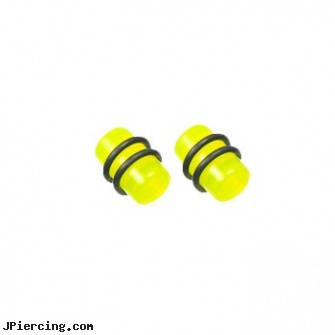 Pair Of Yellow UV Acrylic Plugs, torn penis piercing repair, yellow gold diamond nose ring, acrylic labrets, gauge acrylic body jewelry, acrylic rainbow belly ring
