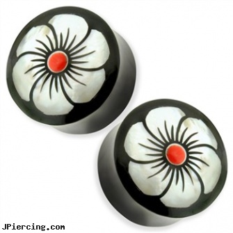 Pair Organic Buffalo Horn Saddle Fit Plugs with Red Centered Abalone Flower Inlay, torn penis piercing repair, organic nipple jewelry, organic body jewelery, organic wood body jewelery, body jewelry water buffalo 16 gauge