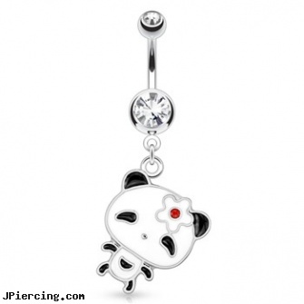 Panda with Large Head And Flower Hair Pin Dangle Surgical Steel Navel Ring, large ring worn behind the head of the penis, nipple piercing enlarge, large taper body piercing, horse head tattoos, radiohead tongue rings