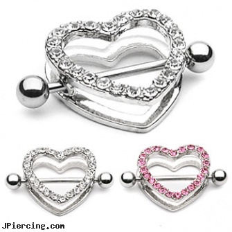 Paved Gem Heart Nipple Shields, 14 Ga, sacred heart tatoo and body piercings, pink heart belly ring, tongue piercing and hole in the heart, fine nipple jewelry, nipple shields