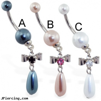 Pearl navel ring with dangling jeweled bow and pearl, pearl navel ring, navel jewelry surgical stainless steal internal thread, information on navel piercing, 14 karat 16 guage navel rings, use tongue ring