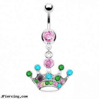 Pink jeweled belly ring with dangling multi-color crown, belly button ring pink panther, pink belly rings, pink eye infections to you children, jeweled navel slave rings, jeweled belly rings