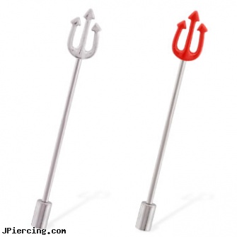Pitchfork industrial straight barbell with cylinder end, 14 ga, industrial piercings, industrial piercing prices, industrial piercing directions, straight pin nose rings, straight barbell clear retainer