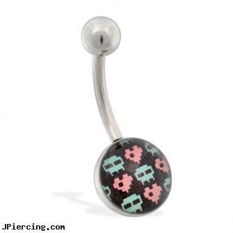 Pixelated Skull and Heart Logo Belly Ring, skull belly button ring, skull labret, skull shield piercing, pink heart belly ring, sacred heart tatoo and body piercings