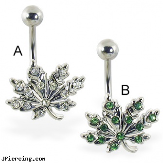 Pot leaf belly ring with multi-gems, belly button rings pot leaf, four leaf clover body jewelry, belly ring percing stories, belly peircing, infected pain abdomen belly button piercing