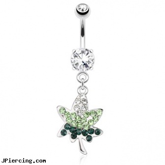 Pot Leaf with Green Paved Gems Dangle Surgical Steel Navel Ring, four leaf clover body jewelry, belly button rings pot leaf, gemstone belly button jewelry, square gemstone belly jewelry, square gemstone belly button ring
