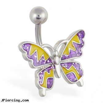 Purple and yellow glitter zig-zag butterfly navel ring, ear rings purple shard jewelry stone, purple shard jewelry ear, dragonfly belly button ring purple, yellow gold diamond nose ring, glitter bitch