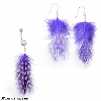 Purple Polka dot Feather Belly Ring and Earring Set, purple shard jewelry ear, ear rings purple shard jewelry stone, dragonfly belly button ring purple, design your own belly ring, arizona belly button piercing