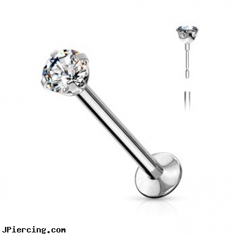 Push In Prong Set CZ Top 316L Surgical Steel Labret, penis ring with push button, penis ring with push button release, push cock ring, steel prong set labrets, surgical steel prong set labrets