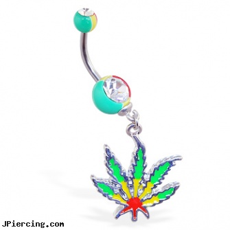 Rasta colored double jeweled belly ring with dangling pot leaf, colored nipple barbells, ear piercing flesh colored hider jewlrey, ear piercing flesh colored hider jewlery, double lobe peircing, double cock ring