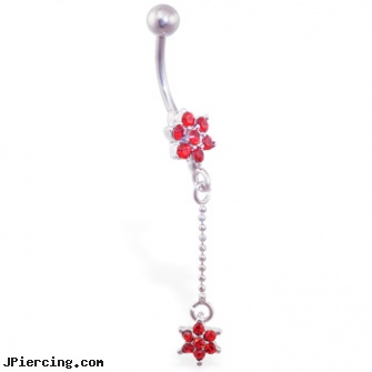 Red flower belly ring with dangling jeweled flower, flower nipple shields, flower belly ring, flower fishtail labret, spider belly jewelry, navel rings belly button