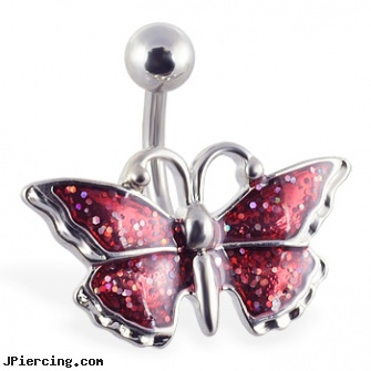 Red glitter fancy butterfly belly ring, glitter bitch, fancy navel jewelry, butterfly vagina tatoo piercing, uv butterfly gem navel belly ring, butterfly pics