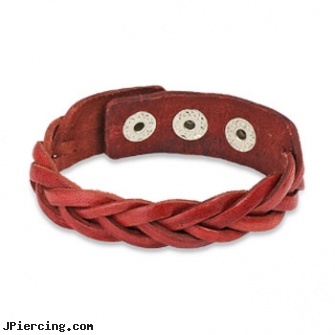 Red Leather Bracelet with Cross Braided Double Strips, leather body jewellery, leather cock rings, leather or rawhide cock rings, korn italian bracelets, bracelet piercing