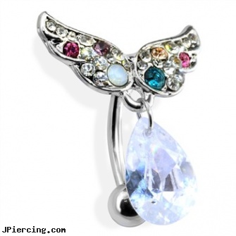 Reversve Angel Wings Multi-Gemmed Belly Ring, belly button piercing los angeles, los angeles belly button piercing services, tongue rings angel, multiple labia piercing, steel earrings multiple ear piercings