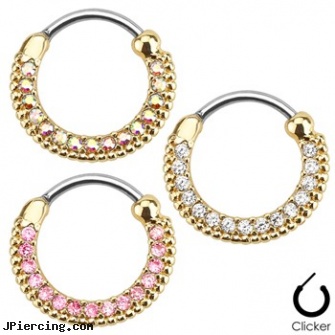 Round Paved Gems Gold Tone Surgical Steel Septum Clicker, ring around the penis, swollen ring around penis cock, dry skin around navel peircing, gems, gems studs