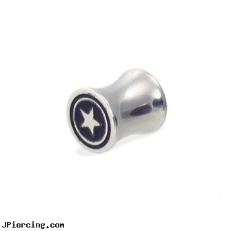 Saddle Plug with Star In Circle, 0 Ga, non piercing saddle valve, 12 gauge steel ear plugs, discount body jewelry plugs, body jewelry plug, starter belly rings