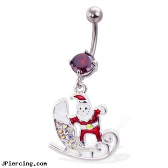 Santa with Sled Christmas Belly Button Ring, christmas belly navel rings, christmas belly button rings, christmas body jewelry, pictures of belly piercings, belly rings zipper