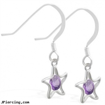 Silver Earrings with dangling Amethyst jeweled star, silver cock rings, silver nipple ring, silver nose stud, gold hoop earrings body jewelry, cartilage earrings