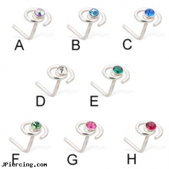 Silver L-shaped gem and spiral nose pin, 20 ga, hot silver body jewelry, sterling silver jewellry, sterling silver naval rings, heart shaped belly button ring, shaped nose pins at wholesale