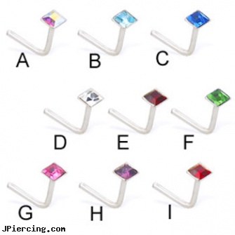 Silver L-shaped nose pin with square gem, 20 ga, hot silver body jewelry, cheerleader belly rings titanium or sterling silver, silver nipple rings, horseshoe shaped items, l-shaped nose jewelry