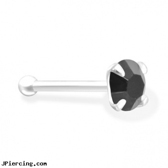 Silver Nose Bone with 2mm Black  CZ, silver non piercing jewelry, silver nipple ring, silver nose rings, nose rings from india, removing nose ring
