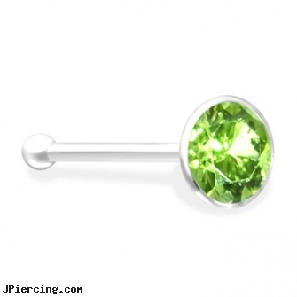 Silver Nose Bone with Peridot Gem, sterling silver naval rings, silver cock rings, silver nose rings, 18ga l-shaped nose stud, fake nose studs