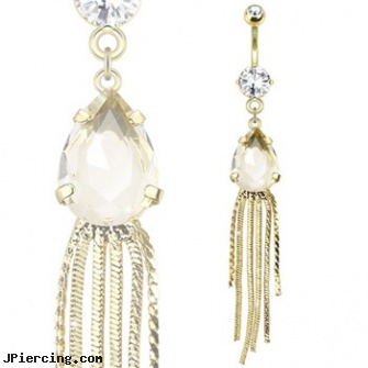 Single Pronged Golden Pear Gem with String Dangles Gold Toned Navel Ring, body jewelry single earings, single use piercing kits, golden retriever belly button rings, brittney spears body jewelry, britney spears nipple ring