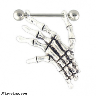 Skeleton Hand Nipple Ring, 14 Ga, belly piercing skeleton, body piercing handbook, nipple body jewelry in handcuff design, hand peircings, girl nipple rings