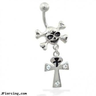 Skull Belly Ring with Dangling Ankh, skull navel ring, punisher skull labret jewellery, skull labrets, belly button piercing safty, infected belly piercing