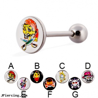 Skull logo tongue ring, 14 ga, skull belly button ring, skull shield piercing, skull labrets, logo tongue rings, logo navel rings