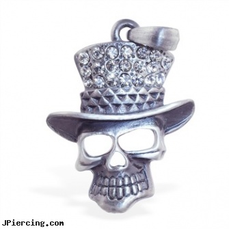 Skull with jeweled hat pendant, skull belly button ring, skull labrets, skull navel ring, gold jeweled labret ring, jeweled belly rings