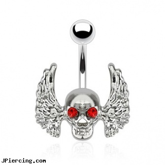 Skull with Red Gem Eyes And Angel Wings Surgical Steel Navel Ring, punisher skull labret jewellery, skull labrets, skull shield piercing, belly button piercing los angeles, los angeles belly button piercing services
