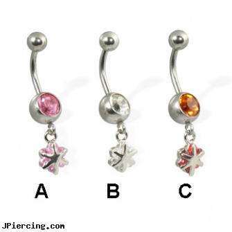 Small dangling flower belly button ring, small nose rings, small eyebrow piercing, small labrets, dangling nipple jewelry, dangling belly rings