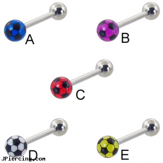 Soccer ball straight barbell, 14 ga, captive ball, cock and ball piercing, small balled labret, internally threaded straight barbells, straight barbell clear retainer