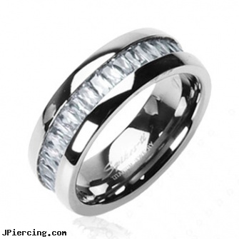 Solid Titanium with Square CZ Stone Band Ring, solid gold body jewelry, solid titanium body jewelry, solid gold tongue rings, titanium tongue rings, titanium belly jewelry